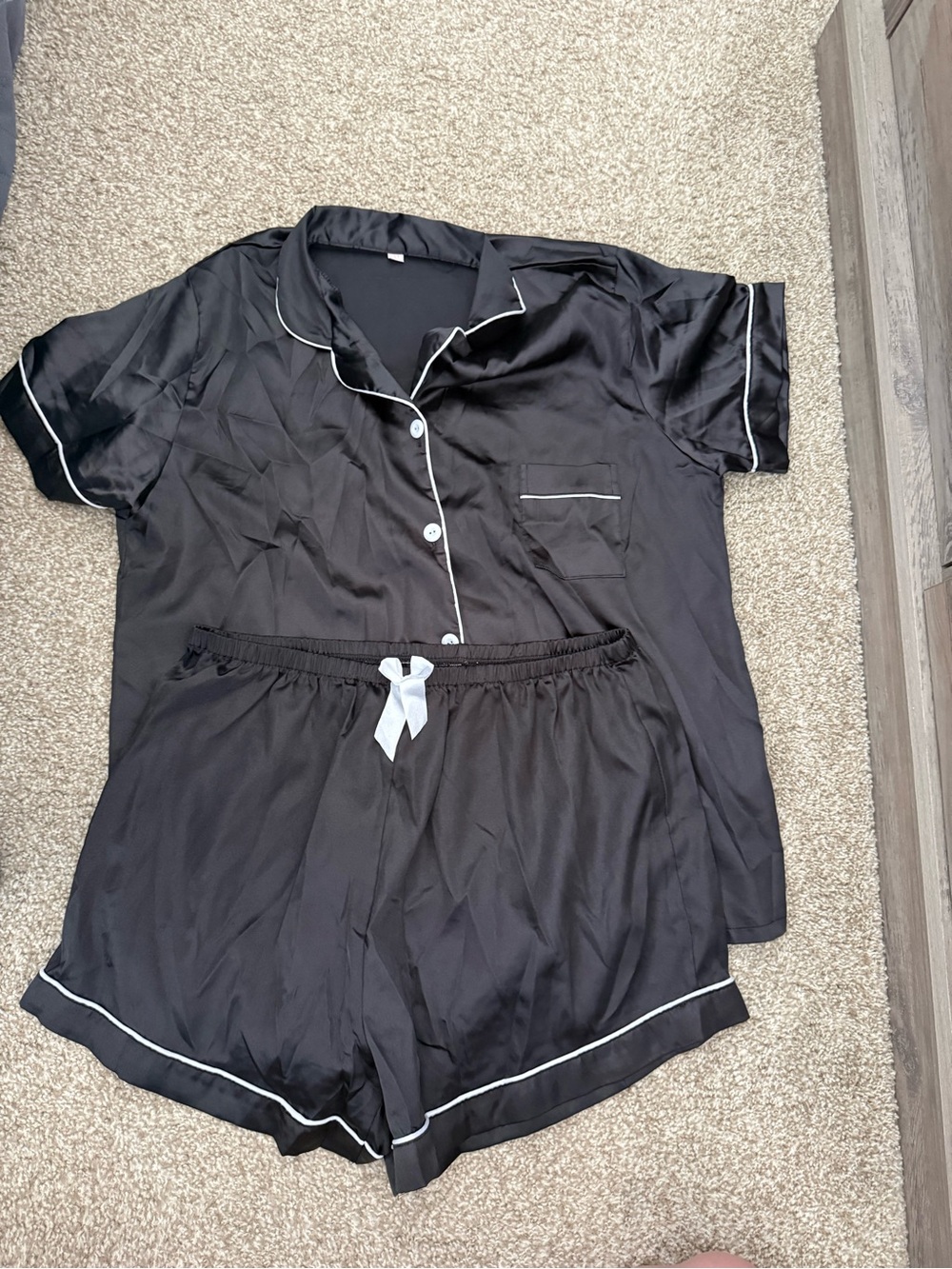 Women’s Black Satin Short Sleeve + Shorts Pajama Set